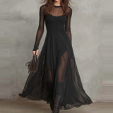  MQTIME  -  Women's O Neck Mesh Patchwork Maxi Dress Long Sleeve Solid Sexy Chic Party Dress for Spring Autumn Holiday Fashion Ladies Dress