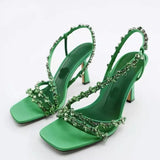 Mqtime Summer Satin Square Head Open Toe Beaded High Heel Sandals with Crystal Rhinestore Solid Narrow Band Winding Belt Womens Shoes