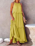 MQTIME  -  Women Boho Solid Color Dress Sleeveless Ruffled Maxi Vestidos Loose Fit Straight Hippie Dresses Layered Princess Robe
