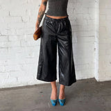  MQTIME  -  Women's Black Faux Leather Wide Leg Culotte Pants Low Waisted With Drawstring Punk Loose Fit Autumn Winter Streetwear Style Chic