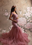 MQTIME  -  Elegant Mauve Lace Tulle Patchwork Maternity Mermaid Dress Photoshoot Short Sleeved Pregnant Fishtail Dresses Bride Gown