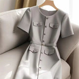 MQTIME  -  Elegant Women Formal Party Midi Dress Summer New Fashion Short Sleeve Single Breasted Office Lady A-Line Dresses with Belt 305B