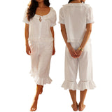MQTIME  -  Women Embroidery Lace Ruffle Hem 2Pcs Pajama Set Y2k Bow Tie Button Front Puff Sleeve Babydoll Top+Crop Blommer Pants