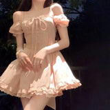 MQTIME  -  Pure Sexy Women Dress French Style Off Shoulder Square Neck Princess Dresses Korean Fashion Ruffles Skirts Summer Female Clothes