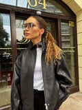 MQTIME  -  Women's Leather Jackets Standing Collar Windproof Loose Fold Coats Locomotive Style Outdoors Clothes Woman Demi-Season Jacket