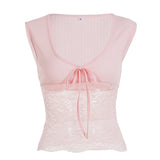 MQTIME  -  Japanese Sexy Lace Patchwork V Neck Bow Camisole Womens Sweet Pure Desire Style Slim Fit Minimalist Young Girl Blouse