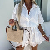 MQTIME  -  New Summer White Casual Lapel Shorts Playsuits Sexy Lace Embroidered Hollow Shirt Jumpsuit Ladies Fashion Lace Up Holiday Romper