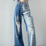 MQTIME  -  Perforated High Waisted Jeans For The 2023 Summer Women'S New Design Sense, Slim And Popular Straight Tube Blue Washed Wide Leg
