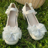 MQTIME  -  Comfortable Round Toe Block Heels Chunky Pumps Women's Lolita Bow Pearl Chain Embellished Low Heel Wedding Party Dress Shoes