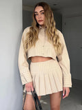 Mqtime Preppy Style Striped Sets Womens Outfits Long Sleeve Cropped Shirt And High Waist Skort Mini Pleated Skirt Two Piece Set