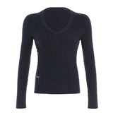 MQTIME  -  American Simple Color Contrast Letter Embroidery V-neck Slim Fitting Fried Dough Twists Sweater Spicy Girl Retro College Top