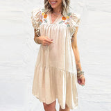 MQTIME  -  Cotton Boho Dress V Neck Petal Sleeve Embroidery Hippie Midi Dress Holiday Style Loose Fit Vestidos Ethnic Dresses