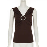 MQTIME  -  2000s Aesthetic Circular Design Sleeveless T-shirts Elegant Fashion V-neck Slim Tank Top Women Acubi Solid Blouse Vests