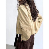 MQTIME  -  Autumn  Standing Collar Buckle Suede Coat Brown Beige Women's Short Motorcycle Jacket Top