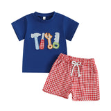 MQTIME  -  Adorable Baby Boys Summer Outfits with Cute Animal Embroidery Short Sleeves T-Shirt and Comfortable Plaid Shorts - 2 Piece