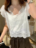  MQTIME  -  Summer Vacation Vintage Embroidery Crochet Solid V Neck Short Sleeve Women Blouse