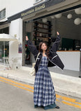 MQTIME  -  Vintage Plaid Dress Women Sexy A Line Midi Dresses Korean Split Slash Neck Slim Sundress Vestidos