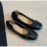  MQTIME  -  Vintage Rivet Bowknot Women Ballet Pumps Comfortable Soft Leather 3cm Thick Heeled Lazy Loafers Spring Summer Casual Girls Shoes