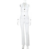 MQTIME  -  Metal Buckle Hollow Out See Through Lace Flare Jumpsuits Women Sexy V Neck Lace-up Halter Backless Slim Club Overalls Rompers