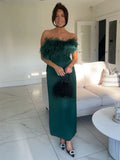 Mqtime Elegant Evening Party Dresses For Women Occasion Wear Feather Trim Off Shoulder Dress Back Slit Hem Sexy Green Midi Dress