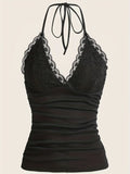 MQTIME  -  Womnes Lace Trim Camisole Tube Top Sexy Ruched Halter Slim Fit Tube Casual Daily Short Style Tops Vest Summer Vacation