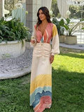  MQTIME  -  Holiday Women's Dress V-neck Full Sleeve Backless Print Long Female Dresses Summer Vacation Fashion Chic New Lady Outfit
