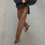 MQTIME  -  Fall Winter Women's PU Leather Pants Brown Wide Leg Straight Leg Trousers High Waist Drag Length Vegan Leather Pants