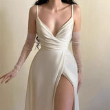 MQTIME  -  Summer Fashion Hight Waist Solid Long Dress Women Sexy Sleeveless Backless Gowns Dress Elegant Deep V-neck Split Suspender Dress