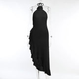 MQTIME  -  Chic Sexy Halter Front Flower Party Dress Spring Solid Ruffles Split Irregular Dress Women Backless Hollow Out Summer Long Dress
