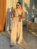 MQTIME  -  Casual Halter Tank Top Pants Set Women Sexy Sleveless Backless Cropped Top Drawstring Wide Leg Trouser 2024 Summer Women's Suit