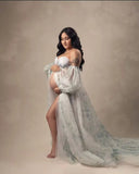 MQTIME  -  Floral Bridal Maternity Dresses With Sleeve Sexy Slit Puffy Custom Made Women Flower Pattern A Line Party Dresses Pregnant Gown