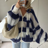 MQTIME  -  Elegant Single Breasted Loose Sweater 2024 Autumn Striped Printed Breathable Sweater Women Sexy V Neck Lace Up Long Sleeved Top