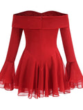 MQTIME  -  Sexy Long Flare Sleeve Lace-up Bow A-line Dress Women Black Red Off Shoulder Backless Pleated Mini Dresses Evening Party Clubwea