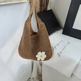 MQTIME  -  Women Knitted Shoulder Bag Fashion Tote Handbag Lightweight Handwoven Hobo Bag with Flower Decor Crochet Tote Bag Straw Hobo Bag