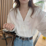 MQTIME  - Summer Boho Style White Blouse for Women Elegant V-neck Hollowed Out Lace Hook Flower Loose Shirt Vacation Beach Chemises