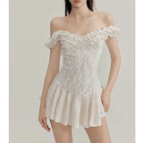 MQTIME  -  Sweet French High End Jacqard Slash Neck Short Dress Elegant Heavy Flower Lace Splicd Pleated Short Dress Y2k Thin Punk Clothes
