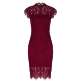MQTIME  -  Lace Dress Ruffled Neck Slim Fit Party Dress Short Sleeve Hollow Out Elegant Wine Red Vestidos Femme Evening Robes