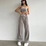 Mqtime Women Matching Colors Patchwork Strapless Crop Top Wide Leg Pants Two Piece Set Summer Elegant Ladies High Waist Trousers Suits