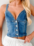 MQTIME  -  Women s Sleeveless Denim Vest with Deep V Neck and Open Back Detail  Fit Button-up Tank Top for Summer Streetwear Fashion