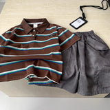 MQTIME  -  Boys' Suit Spring and Summer New Children's Wear Korean Style Boy Baby Striped Lapel T-shirt Cargo Shorts Two Sets