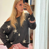 MQTIME  -  Autumn /Winter Lazy Style Contrasting Stars Slanted Shoulder Loose Sweater Spicy Girl T-shirt Off Shoulder Long Sleeved Warm Top