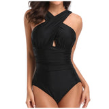 MQTIME  -  Women Bandage Swimwears Pleated Wide Shoulder Strap Cross Bikinis Solid Color High Waist One-piece Swimsuit