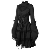 MQTIME  -  Women Medieval Renaissance Bandage Black Dress Elegant Tunic Party Dress Ladies Flare Sleeve Lace Trim Cosplay Mini Dress