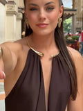 MQTIME  -  Lady Jewelry Necklace Jumpsuit Golden Circular Hanging Neck Deep V Collar Sexy Backless Fashion Bodysuit Siamese Women's Clothes