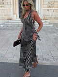 MQTIME  -  Polka Dot Halter Backless Long Dress Women Off Shoulder V-neck Scarf Sexy Sleeveless Dresses 2025 Summer Street Holiday Robe