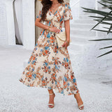 MQTIME  -  Women's Spring Summer Boho Dress Floral Printed Short Sleeved V Neck Dress Elegant Slim Waist Party Street Dress Womens