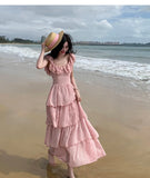 MQTIME  -  New French Sweet Pink Ruffles Beach Holiday Sleeveless Dress Women O-neck Slim Print Midi Tank Cake Long Dress Vestidos