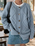 MQTIME  -  Autumn Winter Hot Sale Long Sleeve Wear Solid Color Quilted Sweater Loose Jacket Round Neck Wool Cardigan Women