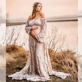  MQTIME  -  Boho Style Lace Maternity Dress Bohemian Photo Shooting Pregnancy Dress Baby Shower Ruffled Split Cut Lace Dress
