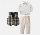 MQTIME  -  Autumn Children's Boys Long-sleeved Shirt Long Pants British Checked Vest Three-piece Set Toddler Baby Performance Clothing Suit